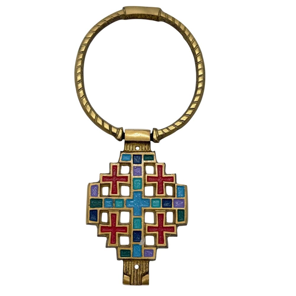 Vintage Terra Sancta Guild Brass Jerusalem Cross Door Knocker Enamel Mid Century